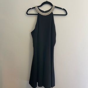 Womens Black Mini Dress with crystal details on neck and halter neck
